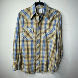 VINTAGE The Hustler Collection Pearl Snap Button Up Shirt Blue Silver Sz Medium